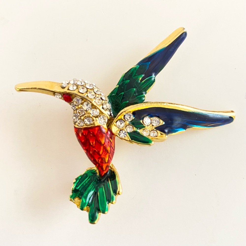Figural Hummingbird Brooch Pin Gold Tone Pave’ Rhinestone Enamel